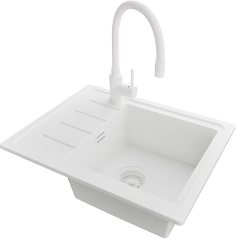 PRIMAGRAN Granitspüle ab 45er Unterschrank + Küchenarmatur, 55x44cm | Set: Küchenarmatur BW6020 + Ablauf-Set (Siphon, Ablaufgarnitur, Überlauf) + Spülbecken 1 Becken - Kopenhagen Easy, Alles Weiß