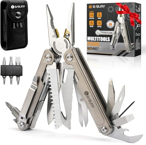BIBURY Multitool Titan 24-in-1, Multifunktionszange aus 30% Leichter Titan, 7CR17 Messer, 51CrV4 Bit-Set und Gürtelclip, Zange für Camping, Wandern, Auto-/Wohnmobil-Notfälle, Geschenk für Männer