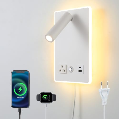 CNMYKYDS Dimmbare Verstellbare Wandleseleuchte mit Berührungsschalter – USB C+A Ladeanschluss/Port, für Schlafzimmer/Wohnzimmer mit Steckerkabel (Weiß(Rechteckig))