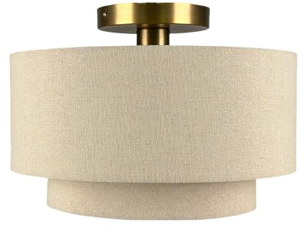Relaxdays Deckenlampe, Leinen & Metall, HxD: 24 x 35 cm, E27, Deckenleuchte Wohnzimmer, Schlafzimmer, beige/Bronze