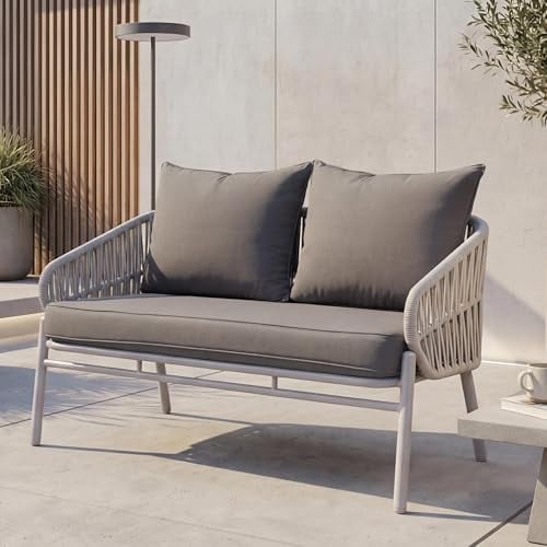 Mendler Aluminium-Gartenbank HWC-P90 Stoff/Textil - hellgrau | Gartensofa, Outdoor, Sitzbank, Seilgeflecht, Rope, (180g/m²)