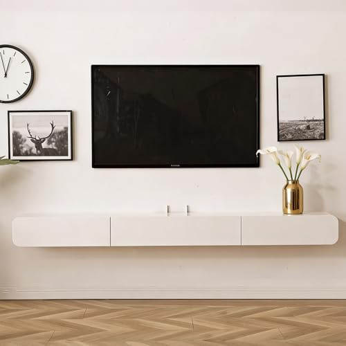 Mobile porta TV a parete in legno massello, mobile TV moderno a parete con 2 cassetti, fori passacavi, angoli arrotondati, soggiorno, camera da letto, design sospeso salvaspazio (B Bianco, 140CM)