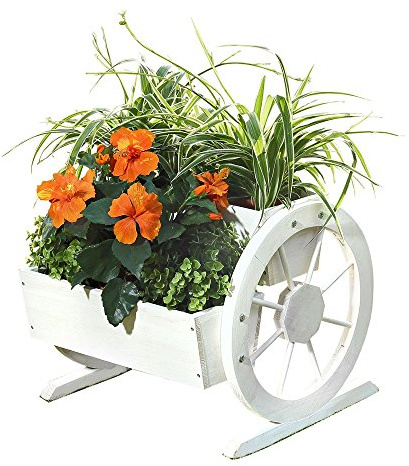 Mucola Pflanzwagen Blumenwagen Holz mit Wagenrädern 44 cm Weiß | Pflanzkübel im Landhausstil, Platz für 2 Standard-Blumenkästen, wetterbeständig, für Garten, Balkon und Terrasse