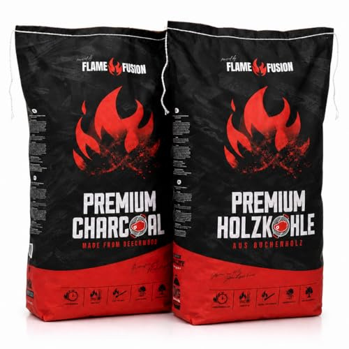 FlameFusion Charbon de Bois Premium 20 kg en hêtre qualité Restaurant - 2 Sacs (2X 10 kg) Charbon hêtre Gros Morceaux Longue Combustion Haute Chaleur pour Barbecue et Grill