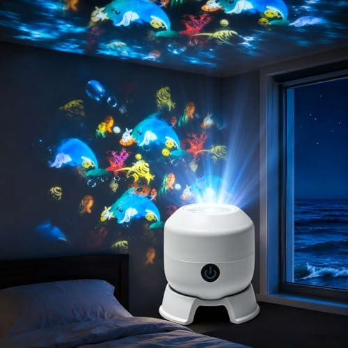 Proiettore LED rotante dinamico, luce notturna con base, oceano e fiocchi di neve, lampada proiettore per la cameretta dei bambini, luminosità regolabile, per camera da letto. (Modello Oceano)