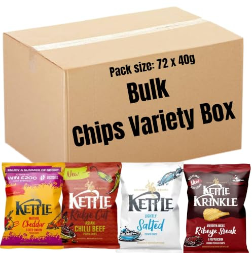 Kettle Chips Variety Box 72 x 40g Bulk Buy Hand Cooked Crisps Multipack | Lightly Salted, Asian Chilli Beef, Krinkle Ribeye Steak & Peppercorn, Mature Cheddar & Red Onion | Lunchbox, Picnics & Parties