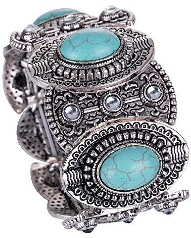 YAZILIND Lese Tibet Silber Ethnic Gothic Oval Türkis Inlay Breite Armband-Frauen
