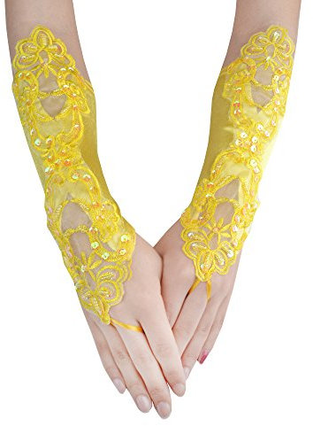 JISEN Fingerlose Satin-Handschuhe für Damen, Bankett, Party, elegante Spitze, bestickt, Braut-Fäustlinge, 27,9 cm, Fingerlos 27,9 cm gelb, Einheitsgröße