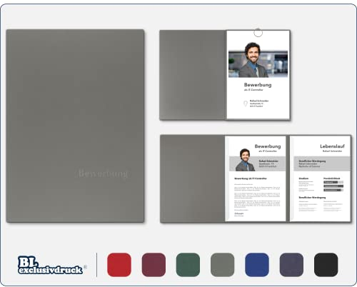 Pack of 5 3 Part Application Folders BL-Exclusive Print Optima in Stone Grey - Premium Quality with Elegant Relief Embossing 'Bewerbung' - Product Design by 'Mario Lemani'