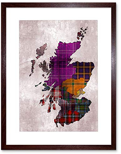 Wee Blue Coo Painting Map Outline Scotland Tartan Inset Regions Framed Wall Art Print