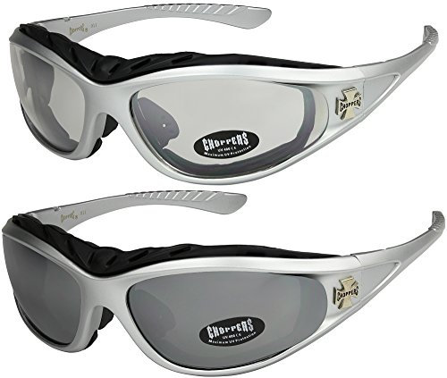 X-CRUZE 2er Pack Choppers 911 Sonnenbrillen Motorradbrille Sportbrille - 1x Modell 05 (silber/annährend transparent) und 1x Modell 06 (silber/schwarz getönt und silber verspiegelt) - Modell 05 + 06 -