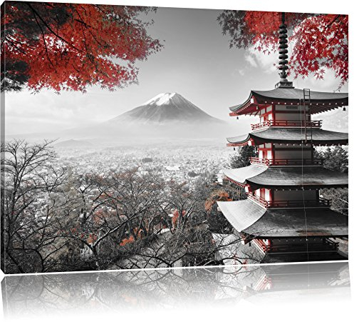 Pixxprint Japanischer Tempel im Herbst Schwarz, B&W, Größe: 80x60cm, Leinwandbild, fertig gespannt, Wandbild, Dekoration, Kunstdruck, kein Poster