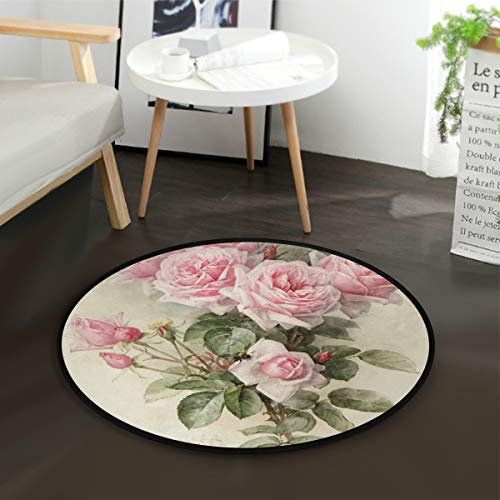 Mnsruu Tapis rond vintage avec motif de roses pour salon, chambre à coucher, 92 cm de diamètre