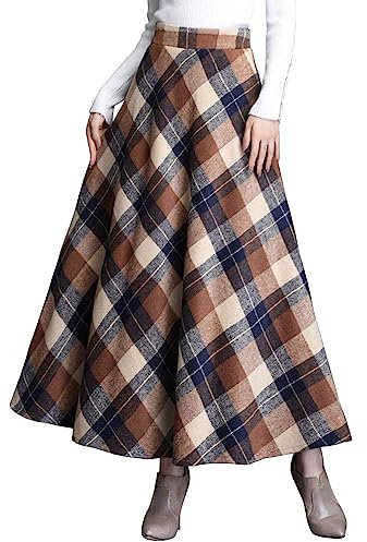 ebossy Women's Vintage High Waist Wool Blend Plaid A-Line Long Maxi Skirt with Pocket - Beige - Medium