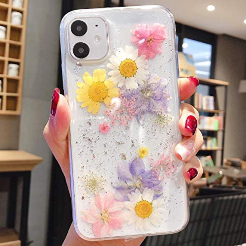 Tybaker iPhone 8 Plus Hülle, iPhone 7 Plus Handyhülle Getrocknete Blumen Case Kristall Gel Schutzhülle Blume Bumper Ultradünn Cover Schale Schutzhülle für iPhone 8 Plus/7 Plus, Rosa Gelb Lila Weiß