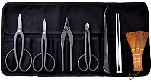 KaKUrI Professionelles Bonsai-Werkzeug-Set, Japanischer Karbonstahl Edelstahl (Satsuki Schere, Langer Griff Bonsaischere, Jin Zange, Drahtschneider, Bonsai Pinzette, Besen, Tasche) Japan hergestellt
