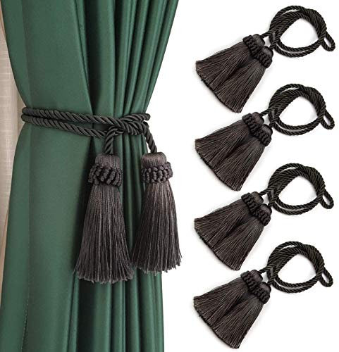 Fenghuangwu Vorhang-Raffhalter, handgefertigt, dekorative Vorhanghalter, Seil mit Quaste (Anthrazit), 4 Stück