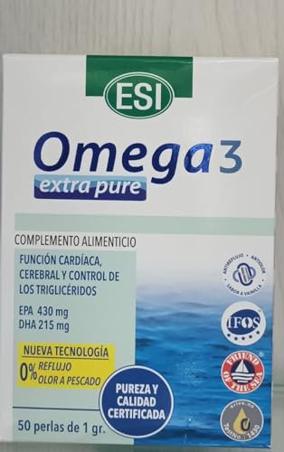 ESI, Omega 3 IFOS Extra Pure, Integratore Alimentare di Olio di Pesce Concentrato con Vitamina E, Contribuisce ai Normali Livelli di Trigliceridi e alla Funzione Cardiaca, Senza Glutine, 50 Perle