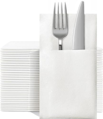 KMAKII Disposble Cloth Like Napkins Built-in Flatware Pocket,Wedding Party Linen Feel White Napkin,Prefolded for Silverware,White,50 Count