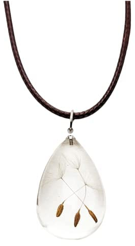 Damen Lederhalsband Kette mit Anhänger - Halskette Pusteblume in Transparent Epoxidharz