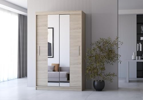 Fabryka Mebli Idźczak Kleiderschrank mit Spiegelfront & Schiebetüren, Sonoma platzsparend, geräumige Fachaufteilung mit Kleiderstange - moderner Stauraum für Schlafzimmer Ankleidezimmer