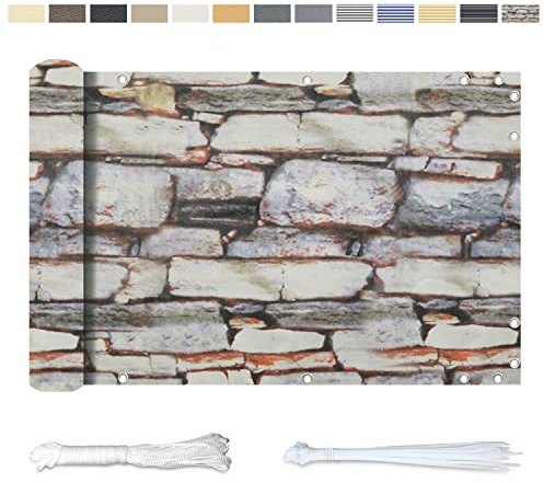 YangAera Balkon Sichtschutz Balkonabdeckung 75x700CM, Windschutz Wasserdicht und UV-Schutz Balkonverkleidung - mit Ösen Kabelbinder und Kordel, für Balkongeländer Terrasse Garten (Steinmuster)