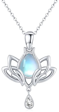 REDSUN Lotus Halskette 925 Sterling Silber Lotus Kette Mondstein Anhänger Synthese Regenbogen Halskette Schmuck für Tochter Frau Damen Muttertagsgeschenke für Mama