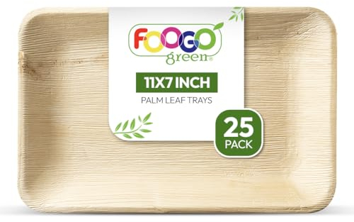 FOOGO Green 25 Plateaux de Service Jetables Feuille de Palmier, Moyens Profonds 28x17 cm, Pizza, Entrées, Canapés, Planche Charcuterie, Robuste et Ecologique Comme Plateaux en Bois pour Plats Chauds