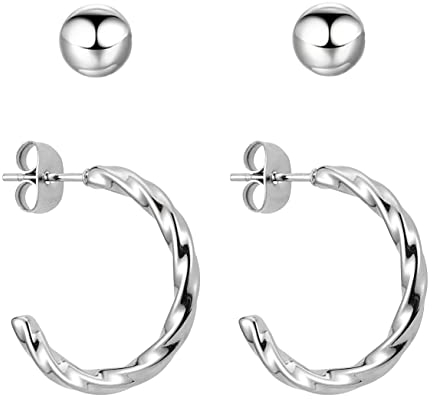 BONNYBIRD® Creolen Silber Ohrringe Damen Edelstahl Set Gedreht Geschwungen Ohrstecker Hoops Klein Frauen Wasserfest Schmuck Vergoldet Hypoallergen Chirurgenstahl Medizinisch