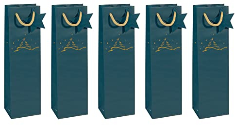 Sigel GT036 /5 Flaschen-Geschenktüten aus Papier, 5er Set, 35 x 10 cm, petrolblau, Christmas tree, Papier-Geschenktaschen Weihnachten