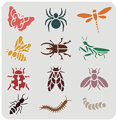 FINGERINSPIRE Schmetterling Libelle Schablone 30x30cm Biene Ameise Spinne Wurm Kakerlake 12 Muster Tier Schablone Wiederverwendbare Schablonen zum Malen auf Wandkunst, Holzschild, Möbeldekoration