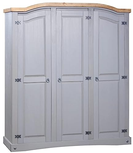 Hommdiy Kleiderschrank Kleiderschrank für das Schlafzimmer Wohnzimmer Mexiko-Stil Kiefernholz 3 Türen Grau