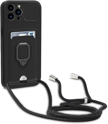 Esakycn Crossbody Case for iPhone 6 / 6S / 7/8 / SE 2020 / SE 2022 with Camera Cover, Phone Case Silicone with Roating Ring Stand, Card Holder with Adjustable Strap Lanyard Shockproof Cover. Black