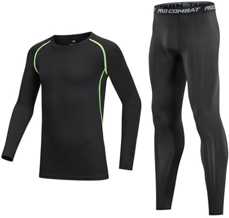 Gavena Boys Compression Sets Youth Athletic Base Layer Kids Thermal Underwear Set Leggings and Shirts Suits(6-7 Year,Green)