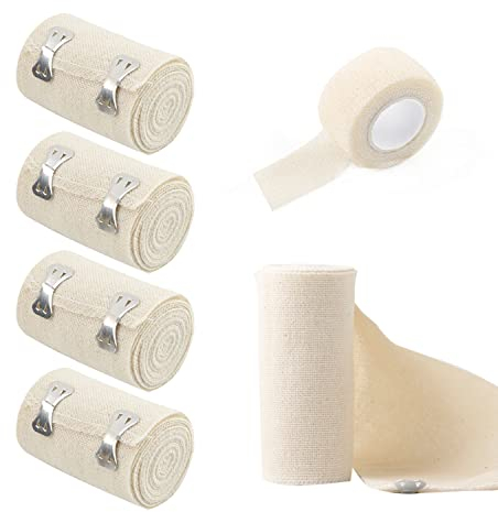 4 rotoli di bende elastiche, con 1 rotolo di bendaggio autoadesivo, fascia a pressione con clip in metallo, cintura di ritenuta per ginocchia, caviglie, polsi (bianco)