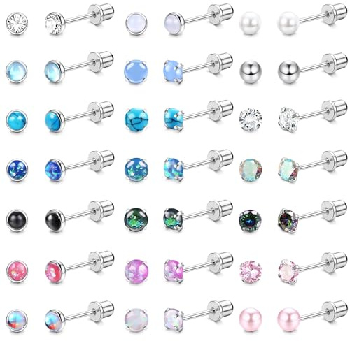 KALVICA 21Paar Hypoallergen Ohrstecker Silber Ohrringe Damen Männer Chirurgenstahl Knorpel Earrings for Women CZ Opal Mondstein Türkis Helix Tragus Rook Piercing Ohr Schmuck 20G