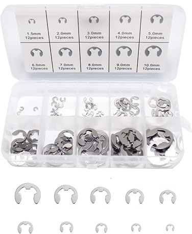 E-Clip de Acero Inoxidable,120 Piezas E-Clip anillo de retención Kit 10 Tamaños Anillos de Seguridad Anillo de Retención Extern con Caja de Almacenamiento para Fijar Rodamientos