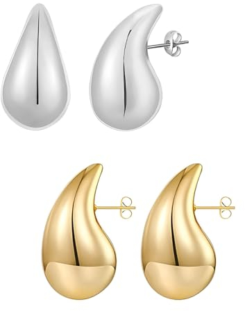 BCBF 2 Paar Ohrringe Damen,Golde Ohrringe Silber Ohrringe Damen Tropfen Ohrringe,Chunky Earrings for Women Dupes Ohrringe Earring Dupes Schmuck,Ohrringe Set,Ohrringe Geschenke Für Frauen(Silber Gold)