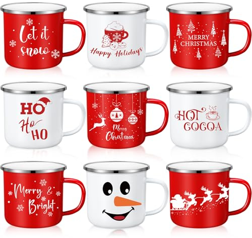 Zhehao 9 Pcs Christmas Ceramic Enamel Square Coffee Mugs, 12 oz, Festive Designs, Glitter Embellishment, Reusable, Christmas Occasion, Set of 9