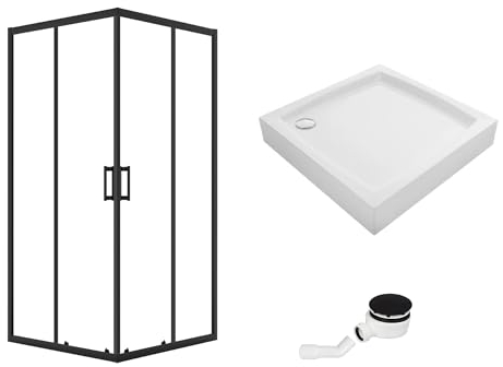 VBChome Cabina de ducha con plato de ducha cuadrado, juego de 80 x 80 x 185 cm, color negro, plato de ducha sifón entrada esquina, mampara de ducha corredera, mampara de ducha de cristal de seguridad