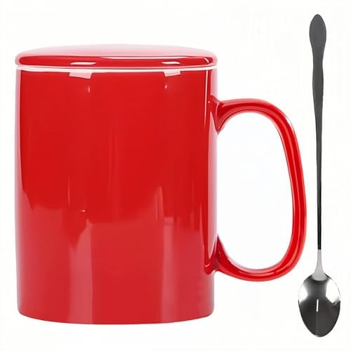 KOPYFANTAP Taza Grande 1000ML,Tazas de Café Cerámica Extra Grande con Tapa y Cuchara, Tazas Muy Grandes con Asa para Oficina y Hogar,Rojo