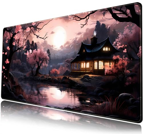 Mechanical Cattle Japanische Sakura Blooms Schreibtischunterlage, Japanisches Mauspad, groß, niedlich, schwarz, rosa, ästhetisch, Schreibtischunterlage, Gaming-Mauspad, erweiterte XXL-Tastaturmatte,
