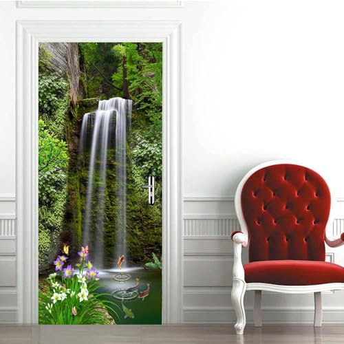 Stickers Porte Poster - Paysage De Poissons Rouges De Cascade De Forêt 77 X 200 Cm / 30 X 78,7 Pouces Papier Peint Porte Trompe L'Oeil Pour Salon Chambre Décoration De La Maison Stickers Muraux Auto-A