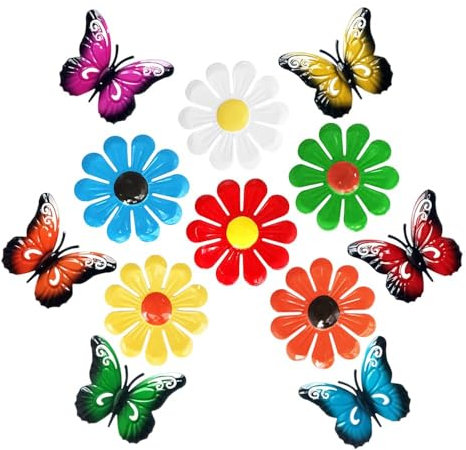 Tsilin 12 Pcs Garden Decor Including 6 Pcs Metal Flowers Sunflower 6 Pcs Metal Butterflies Wall Art Decor Daisy Hanging Ornament for Outdoor Backyard Fence Decor Indoor Living Room