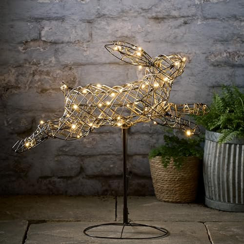 Lights4fun Light Up Plug In Brown Rattan Leaping Bunny Rabbit Garden Decoration Indoor and Outdoor Use 50cm