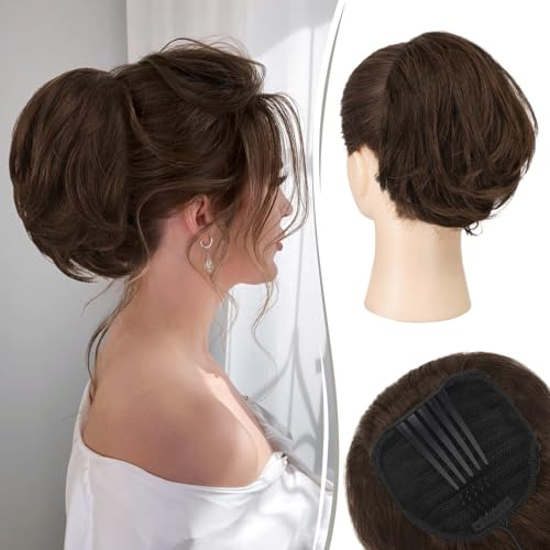 RUWISS Haarteil Dutt mit Comb Kurz Haarteil Pferdeschwanz Haardutt Chignon Echthaar Haarteile Echthaar Dutt Extensions mit Comb Kordelzug für Damen,Dunkelbraun mit 15% dunklem Kakaoblond