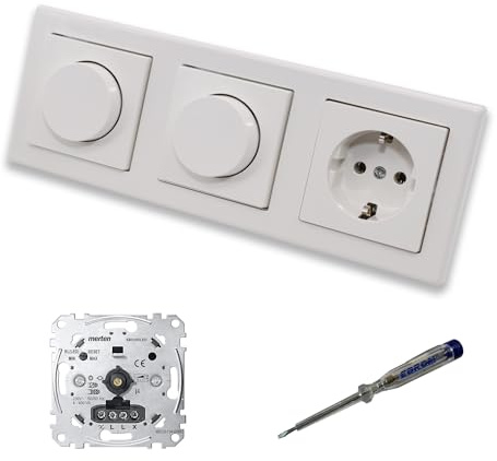 EBROM SET IDEE: Merten MEG5134-0000 2 x LED Drehdimmer Dimmer + Dimmerscheiben und Steckdose mit Kinderschutz MEG2300-0319 in polarweiß glänzend System M Smart + EBROM Phasenprüfer zur Gerätemontage