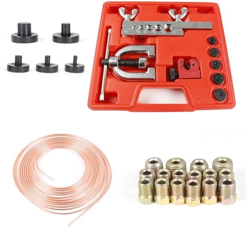 CISSIYOG Bremsleitung Bördelgerät, 3/16&1/4''&5/16''&3/8''&1/2'' mit CT-127A Fräser, Bremsleitungs Set 7.62m & ø4.76mm mit 16 Muttern für Doppel Bördelwerkzeug Satz für Bördeln