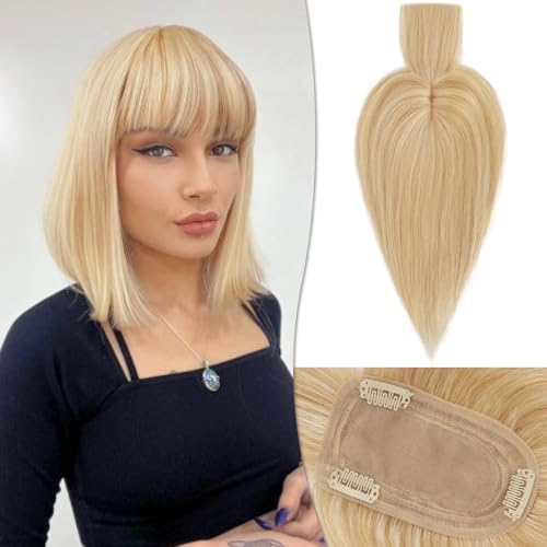 RUWISS Echthaar Hair Topper für Frauen Krone Toppers With Pony Kurze Perücken Haarteile für Dünnes Haar 7.5 * 13CM Silk Base 100% Echtes Menschliches Haar Clip in Topper 25 CM 35g (Blonde Strähnchen)