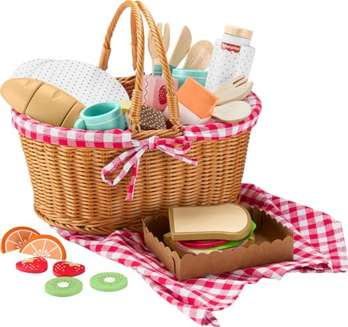 Fisher-Price Wood Pretend Play Toy Picnic Basket, 31-Piece Wooden Food Playset for Preschool Kids Ages 3+ Years, HXT81